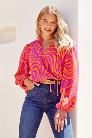 Zebra Print Tie Neck Top