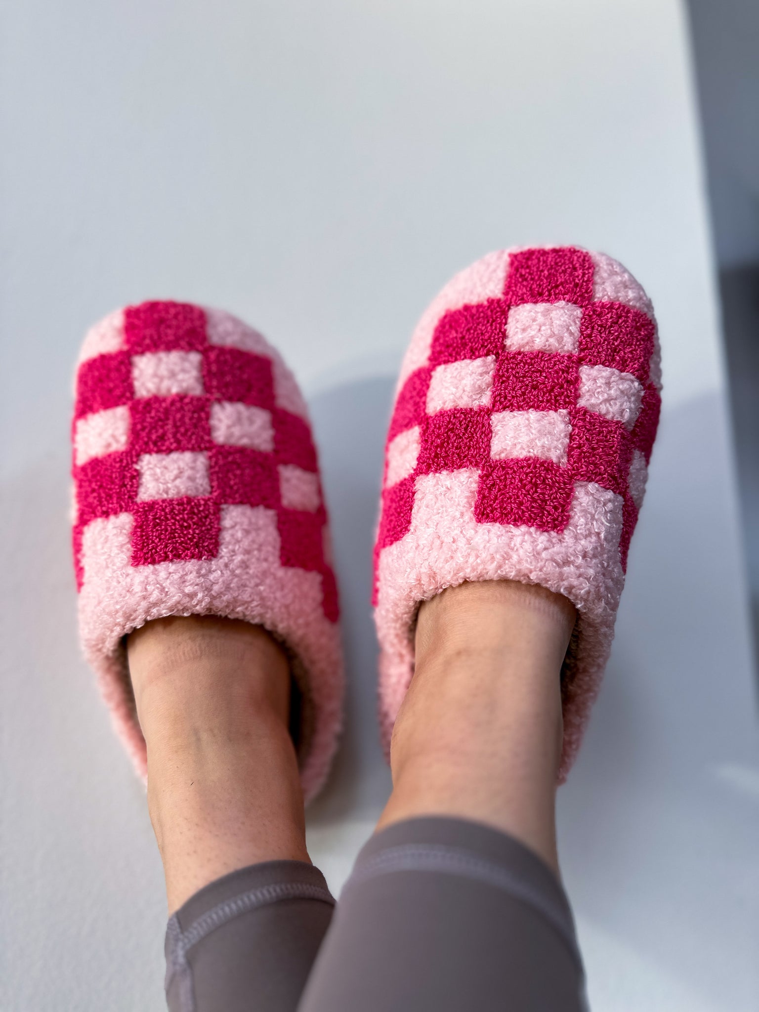 Pink Checkered Plush Slippers